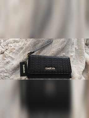 bebe Black Textured Logo Wristlet Clutch
